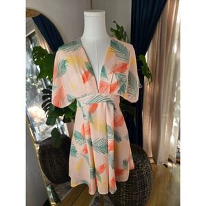 H&M XS Pink Tropical Palm Leaf Print Mini Dress Tie‎ Back